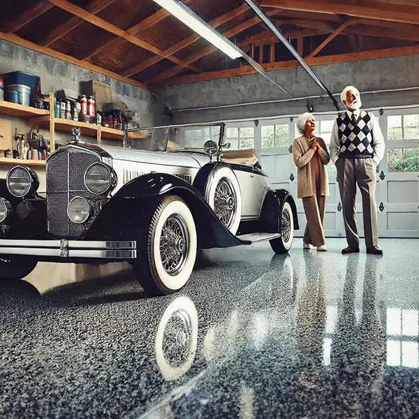 Finished polyurea flake garage floor coating with car in Winona, MN — Walchak Concrete